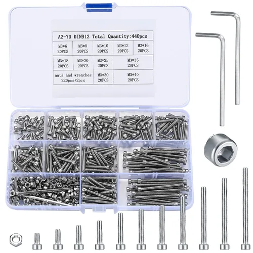 Miniatura 9 de 1110 tornillos métricos pequeños M3 con tuercas, kit surtido de tapas de cabeza hexagonal y tuercas, tornillos y pernos de repuesto de acero Plata