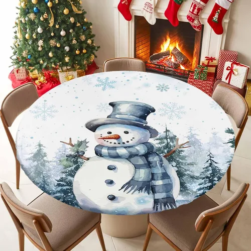 Miniatura 5 de Mantel redondo de Navidad de 36 a 44 pulgadas, mantel impermeable con borde elástico para fiestas de vacaciones en interiores y exteriores, árbol