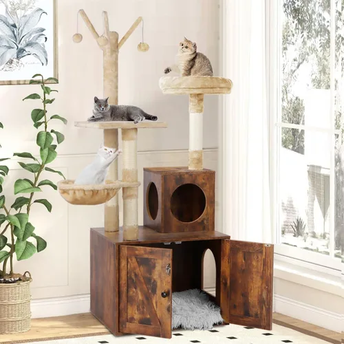 Miniatura 7 de Timberer Árbol para gatos con torre y caja de arena, refugio para gatos de madera 2-en-1 con poste de rascar de sisal, hamaca, marrón