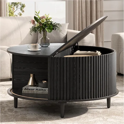 Miniatura 12 de JOINICE - Mesa auxiliar cuadrada con tapa elevable para sala estar u oficina en casa, con almacenamiento, compartimento oculto, estilo moderno Nogal