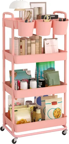 Miniatura 16 de JIUYOTREE - Carro utilitario de almacenamiento rodante de plástico de 3 niveles con tazas colgantes extra, mangos, ruedas con bloqueo para sala
