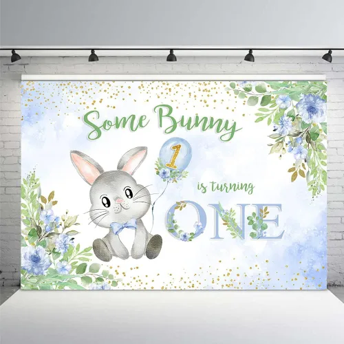 MEHOFOND Conejo de fondo para fiesta de cumpleaños, primavera, Pascua, azul, floral, conejo, plateado, Some Bunny is Turning One Happy 1er