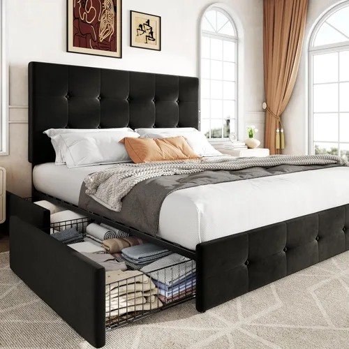 Miniatura 20 de Allewie - Base de cama tapizada de tamaño Full con plataforma, con 4 cajones de almacenamiento y cabecero, diseño cosido en cuadrados con botones