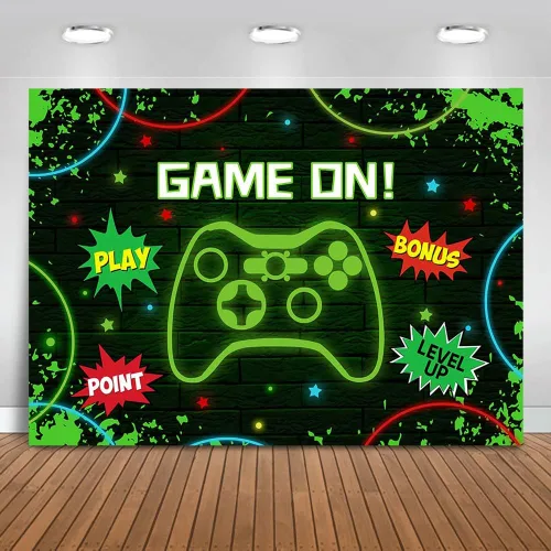 Mocsicka Fondo de fiesta de cumpleaños para videojuegos, juego de fondo de cumpleaños de niños, luz verde, decoración de fiesta de juegos, pancarta,