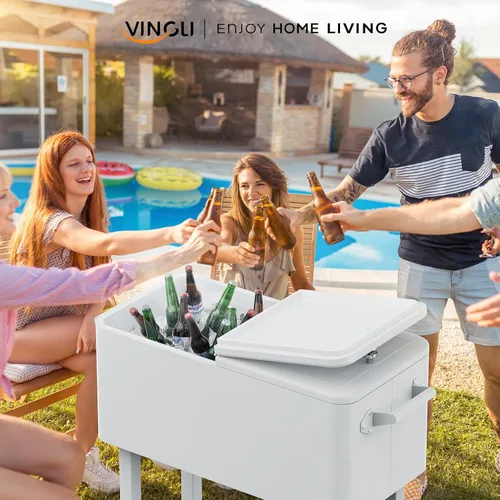 Miniatura 2 de VINGLI Baúl de hielo rodante de 80 cuartos de galón, carrito portátil para fiestas en el patio, bar, con estante, piscina de bebidas con abridor