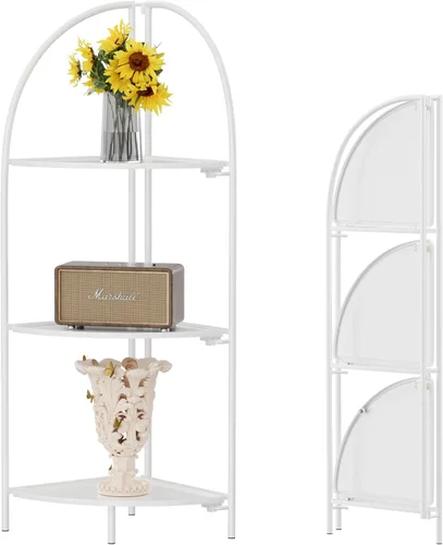 Miniatura 12 de Crofy Estante esquinero plegable de 3 niveles, soporte de esquina de metal para plantas con marco negro y estantes negros, estante de exhibición