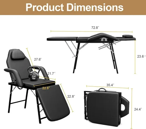 Miniatura 2 de Roixeeds Mesa de masaje facial ajustable, reposacabezas y reposabrazos extraíbles, silla portátil de tatuaje para masaje profesional, sala de Negro