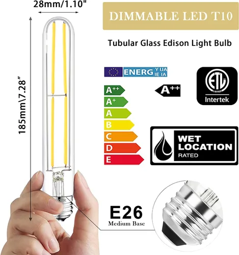 Miniatura 2 de Bombilla LED E26 de 7.3 pulgadas de 6 W, igual a 80 W, 4000 K, bombillas Edison blancas neutrales regulables, T10 T9 de vidrio transparente tubular