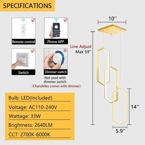 Miniatura 2 de Lámpara colgante regulable de 3 anillos para ajustar mini lámpara LED de techo para cocina, isla, comedor, sala de estar, dormitorio, dorado