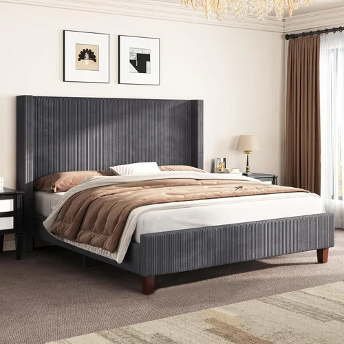 Miniatura 9 de AMERLIFE Base de cama tapizada tamaño Queen con cabecera de 50.8 pulgadas de alto, cama de plataforma con respaldo de alas con patas de madera
