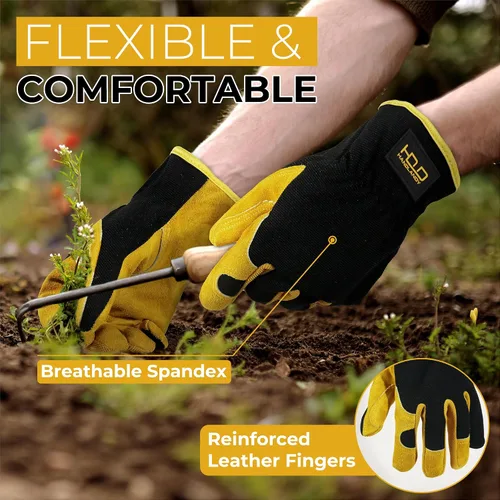 Miniatura 3 de HANDLANDY Guantes de jardinería de cuero para hombre, guantes de trabajo utilitarios para mecánicos, construcción, conductor 3 pares amarillo
