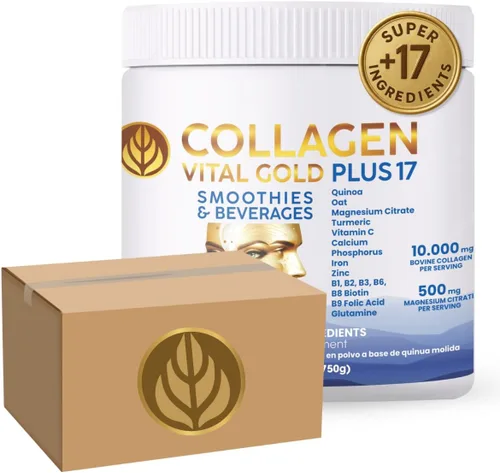 Vital Life - Polvo de péptidos de colágeno + 17 súper ingredientes, 1.6 libras (paquete de 6), sabor a vainilla, apoya el cabello, la piel, las