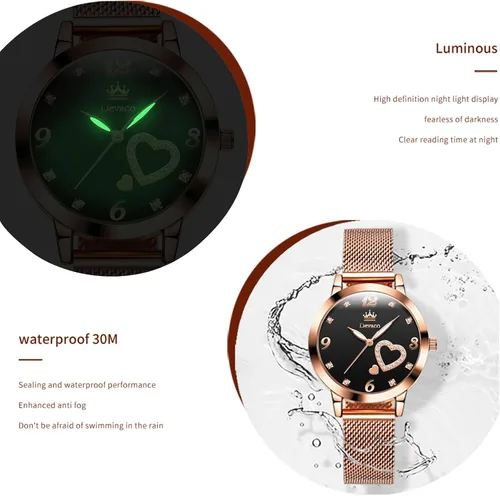 Miniatura 4 de devaco Reloj de pulsera del cuarzo del diamante del oro rosa del acero inoxidable, reloj de moda de las señoras de la prenda impermeable