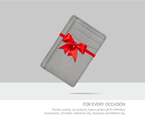 Miniatura 7 de Carteras de cuero Oak Leathers delgadas y minimalistas para hombres y mujeres con bolsillo frontal RFID y tarjetero de cuero, Gris, Pequeña
