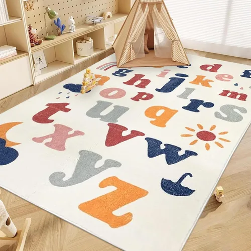 Miniatura 9 de ABREEZE Alfombra de juego para niños, alfombra mullida de lana sintética para niños, 3.3 x 5 pies, antideslizante, con número ABC, aprendizaje