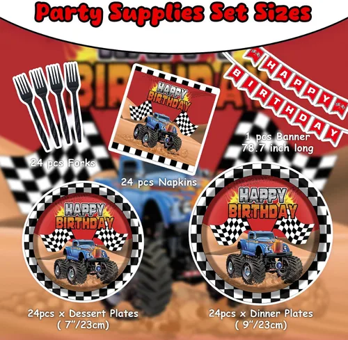 Miniatura 2 de Kit de suministros de fiesta de Monster Truck para 24 invitados, 97 piezas, incluyendo platos, tenedores, servilletas, banderines, ideal