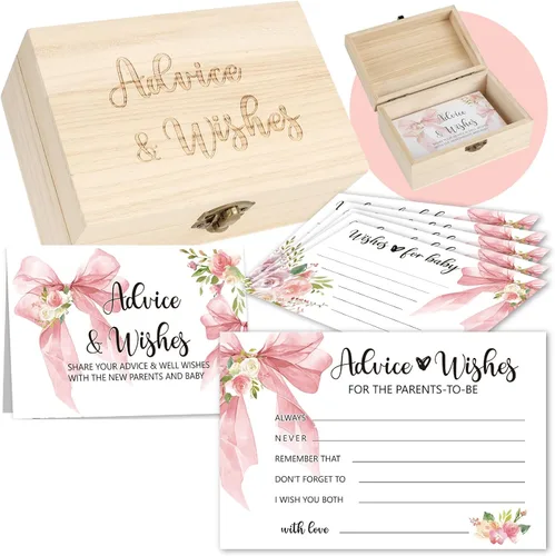 50 tarjetas de consejos de baby shower con lazo rosa para padres futuros, tarjetas de consejos y deseos con caja para juegos de baby shower, Lazo