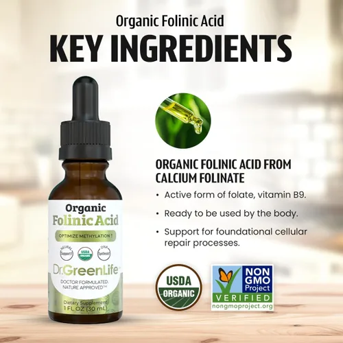 Miniatura 8 de Dr. Green Mom Ácido folínico para niños y adultos - Dosis alta - Alternativa de ácido fólico amigable con MTHFR - Gotas líquidas orgánicas - 500