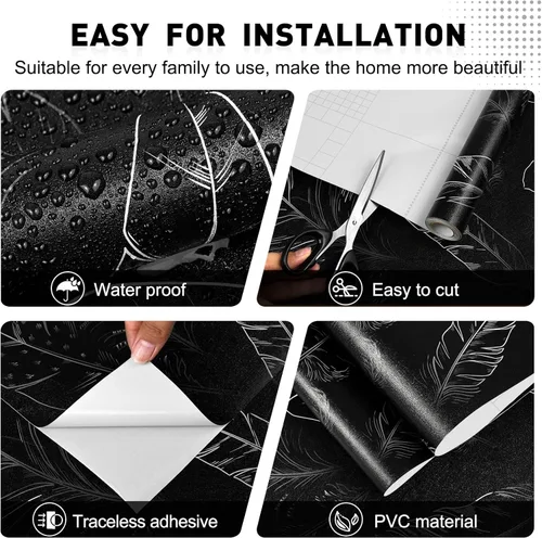 Miniatura 2 de Papel tapiz negro para despegar y pegar de 17.7 x 80 pulgadas, papel tapiz de plumas extraíble, moderno, papel de pared de vinilo impermeable, papel