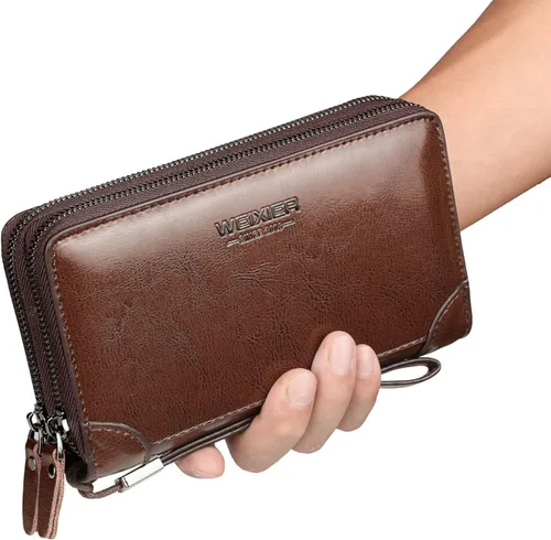 Miniatura 2 de Bolso de mano para hombre bolso de cuero genuino con cremallera cartera larga para negocios bolso de mano grande