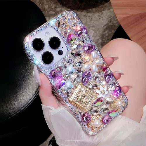 Miniatura 3 de Compatible con iPhone 13 Funda Linda con Diamantes de Imitación y Purpurina - Funda de Lujo de Diseño con Diamantes de Imitación para Mujer