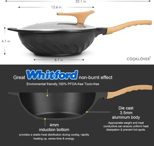Miniatura 3 de Woks Antiadherentes y Sartenes para Saltear de Aluminio Fundido a Presión Resistente a los Arañazos 100% Libre de PFOA Sartén Wok de Inducción