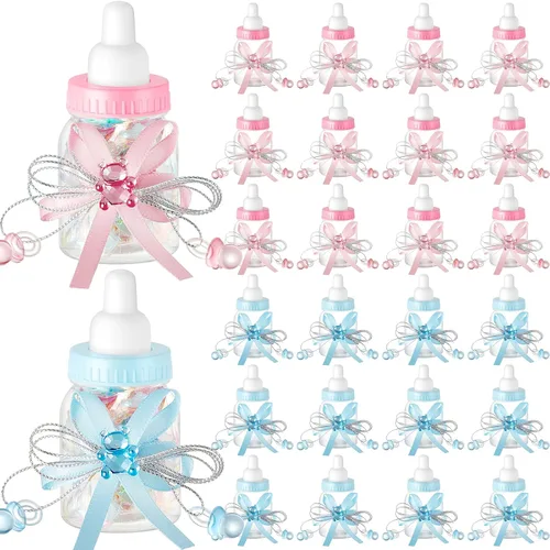 Nuenen 48 botellas de leche para baby shower con cinta, botellas de plástico de oso para dulces, regalos de baby shower, revelación de género, Azul