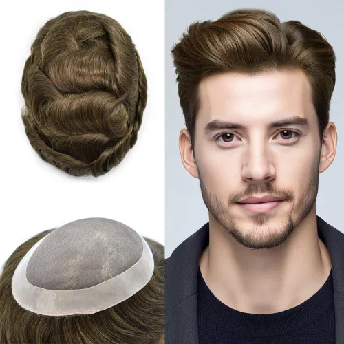 Miniatura 16 de Tupé para hombre, pieza de cabello humano real, monofilamento, tupé para hombres, postizos, unidades de sistema de reemplazo de cabello, gris