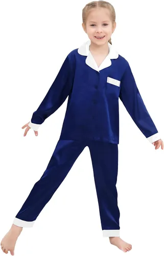 Miniatura 2 de SWOMOG Conjunto de pijama de satén para niños y niñas, ropa de dormir de manga larga con botones, conjunto de 2 piezas de ropa de descanso