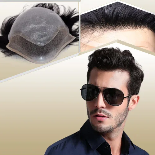 Peluca de cabello humano europeo de repuesto para hombre, encaje suizo frontal, 0.003 in, piel fina, poliuretano, con bucle, 10 x 8 pulgadas, color