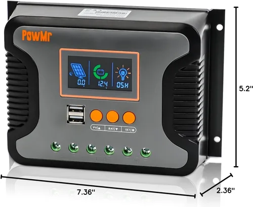 Miniatura 7 de Powmr Controlador de carga solar PWM de 60 A, 12 V, 24 V, 36 V, 48 V, con pantalla retroiluminada, puerto USB dual, PV máximo 100 VDC, regulador
