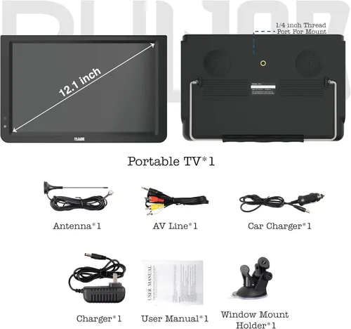 Miniatura 7 de Televisión portátil de 12 pulgadas, TV con batería con tarjeta ATSC/HDMI/USB/SD y entrada AV, mini televisión con control y soporte de TV