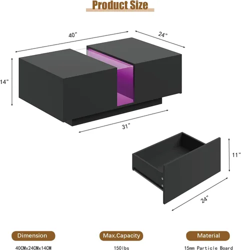Miniatura 2 de HedoAjim Mesa de centro LED negra para sala de estar, mesa rectangular de sala de estar con almacenamiento, mesas de centro de acrílico con 2
