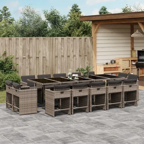 Miniatura 24 de 17-Piece Brown Poly Rattan Patio Dining Set with Cream White Cushions, Foldable Chairs and Tempered Glass Table for Outdoor Garden Backyard Patio