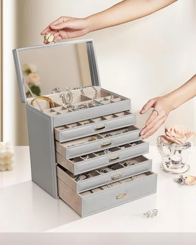 Miniatura 4 de Vlando Joyero grande de 6 niveles para mujer, organizador de joyas grande con espejo, joyero para cajón, collar, anillo, pulsera y reloj, regalo