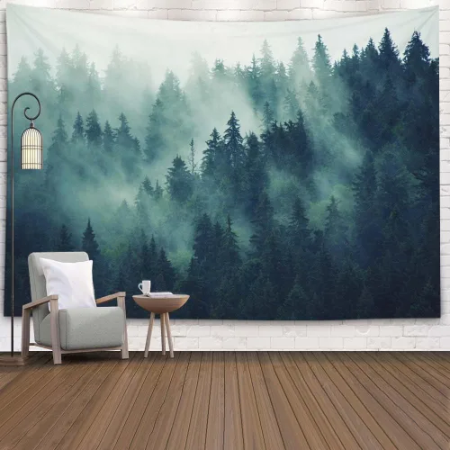 Miniatura 35 de EMMTEEY Tapiz de pared con bosque - Árbol de pino verde y niebla, arte de pared natural, 80x60 pulgadas, tapiz grande de estilo bohemio para sala