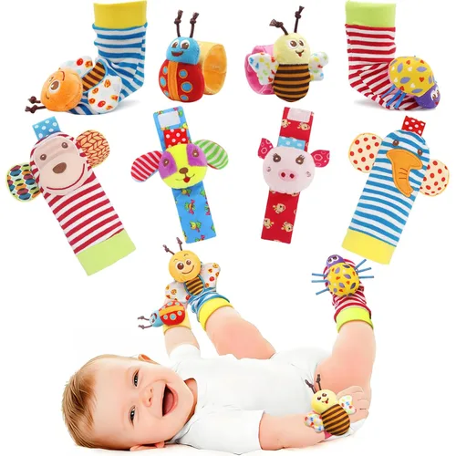 Bloobloomax Juego de calcetines suaves para bebé, sonajero y muñequera, sonajero para bebés, juguetes de peluche de algodón y felpa, regalo de