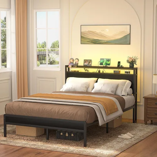 Miniatura 2 de Homieasy Armazón de Cama Full Size con Cabecero, Armazón de Cama Full de Metal Industrial con Estación de Carga y Luces LED, Cama Plataforma Sin