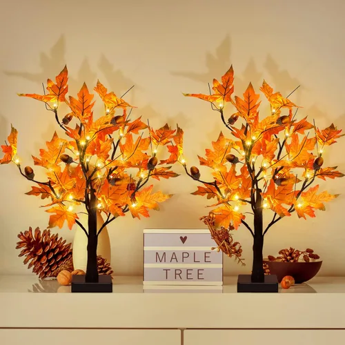 Miniatura 9 de S-Union Árbol de arce iluminado por LED de 24 pulgadas con 6 bellotas para decoraciones de Acción de Gracias Árbol de arce de 24 LED y 6 bellotas