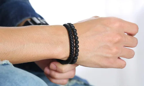 Miniatura 6 de MEALGUET Pulsera de roca de lava para hombre, pulsera de cuero trenzado con cierre magnético, 2 capas, 8.3in