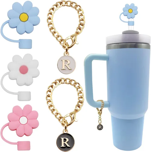 Miniatura 7 de ANDERSE Stanley - 3 tapas de popote para accesorios de copa Stanley de silicona con diseño de flores de 0.394 pulgadas, 2 piezas de dije de letra 3
