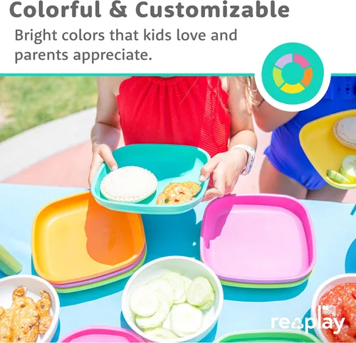 Re-Play Juego de 4 platos para niños pequeños fabricados en Estados Unidos de 7 pulgadas, con tapa, 22 onzas, platos de plástico apilables, aptos