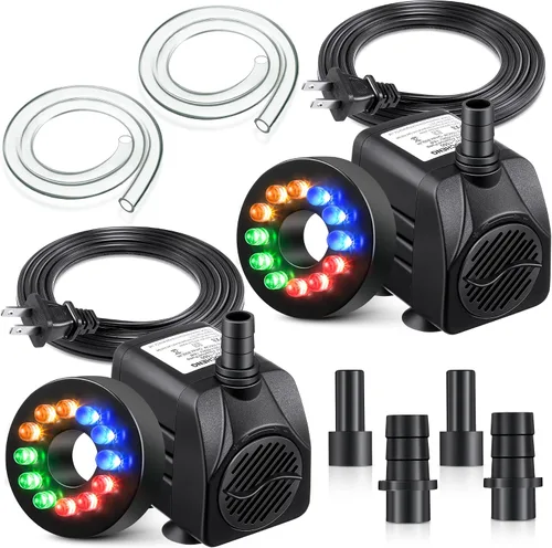 Miniatura 8 de Paquete de 2 bombas sumergibles de fuente de 15 W 220 GPH con 12 luces LED de color, bomba de fuente pequeña con 4 boquillas de pulverización