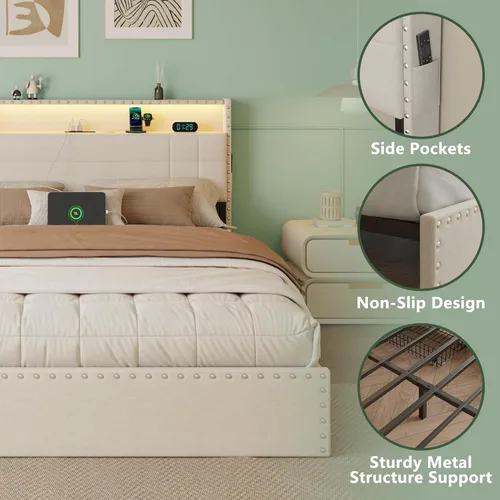 Miniatura 9 de OURPIC Base de cama Queen con 4 cajones de almacenamiento y cabecero, base de cama tapizada tamaño Queen con estación de carga y luces LED,