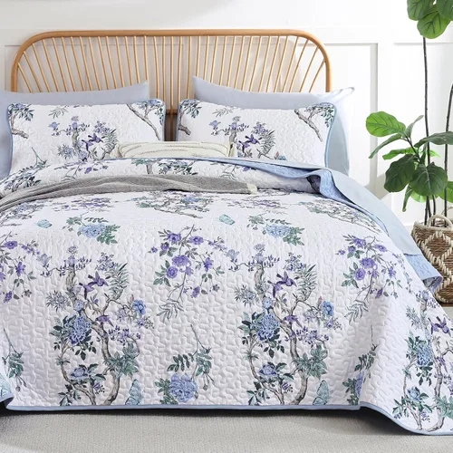 Miniatura 21 de WONGS BEDDING Juego de edredón floral matrimonial, juego de colcha con patrón botánico azul para mujeres, adolescentes y niñas, juego de ropa