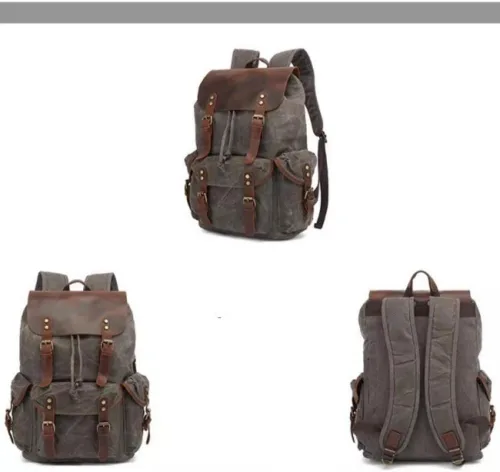 Miniatura 2 de Cuero genuino lona encerada mochila viaje mochila portátil bolsa Gris