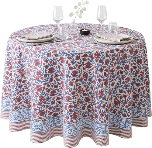 Miniatura 20 de ATOSII Mantel Redondo Bohemio Jade de Algodón 100%, Mantel de Lino con Estampado Floral de Bloques para Comedor, Fiestas, Bodas, Exteriores I