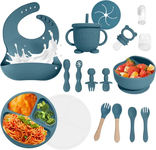 Miniatura 12 de Suministros de destete dirigido por el bebé, juego de alimentación de silicona de 17 piezas sin BPA, utensilios esenciales para comer para bebés