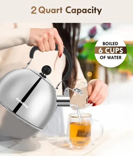 Miniatura 6 de Tetera para estufa - Tetera de acero inoxidable, hervidor de 2 litros para acampar, calefacción eficiente, silbato audible, mango seguro - hervidor