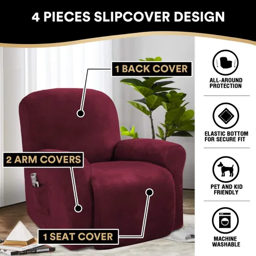 Miniatura 2 de PrinceDeco Funda para silla reclinable, fundas elásticas de terciopelo para sofá reclinable, estilo de 4 piezas, fundas para sillas reclinables
